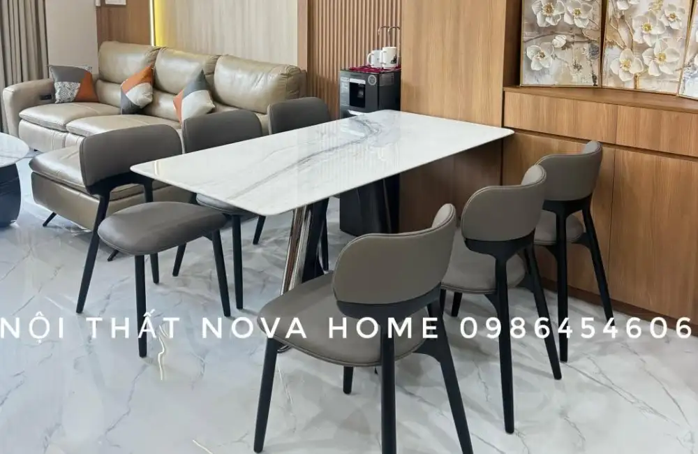 ComBo Bàn Đá Vi Tinh Thể 160cm Và 6 Ghế Gỗ Đệm Tròn Ash 6 ComBo Bàn Đá Vi Tinh Thể 160cm Và 6 Ghế Gỗ Đệm Tròn Ash