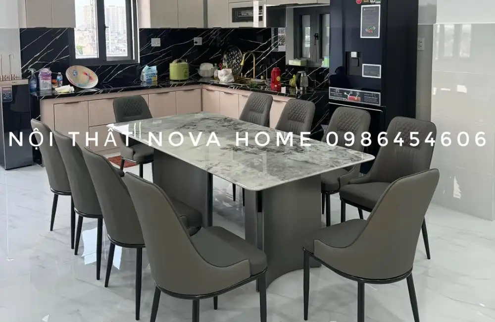 ComBo Bàn Đá Vi Tinh Thể 160cm Và 6 Ghế Họa Tiết Chằn Trám