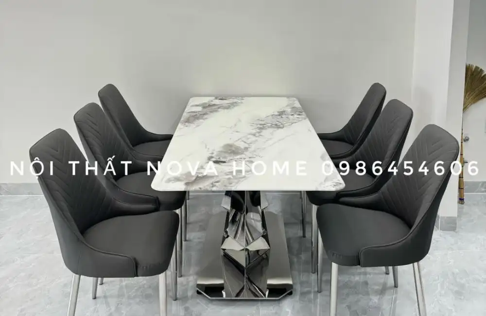 ComBo Bàn Đá Vi Tinh Thể 160cm Và 6 Ghế Họa Tiết Xương Cá 6 ComBo Bàn Đá Vi Tinh Thể 160cm Và 6 Ghế Họa Tiết Xương Cá