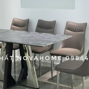ComBo Bàn Đá Vi Tinh Thể Và 6 Ghế Họa Tiết Ô Trám