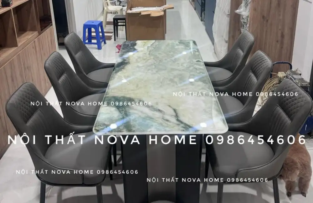 ComBo Bàn Đá Vi Tinh Thể 160cm Và 6 Ghế Họa Tiết Chằn Trám