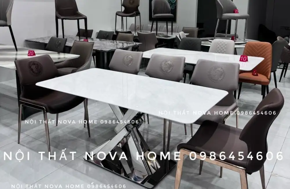 Combo Bàn Ăn Đá Vi Tinh Thể Và 6 Ghế Saddle Không Tay Vịn 7 Combo Bàn Ăn Đá Vi Tinh Thể Và 6 Ghế Saddle Không Tay Vịn