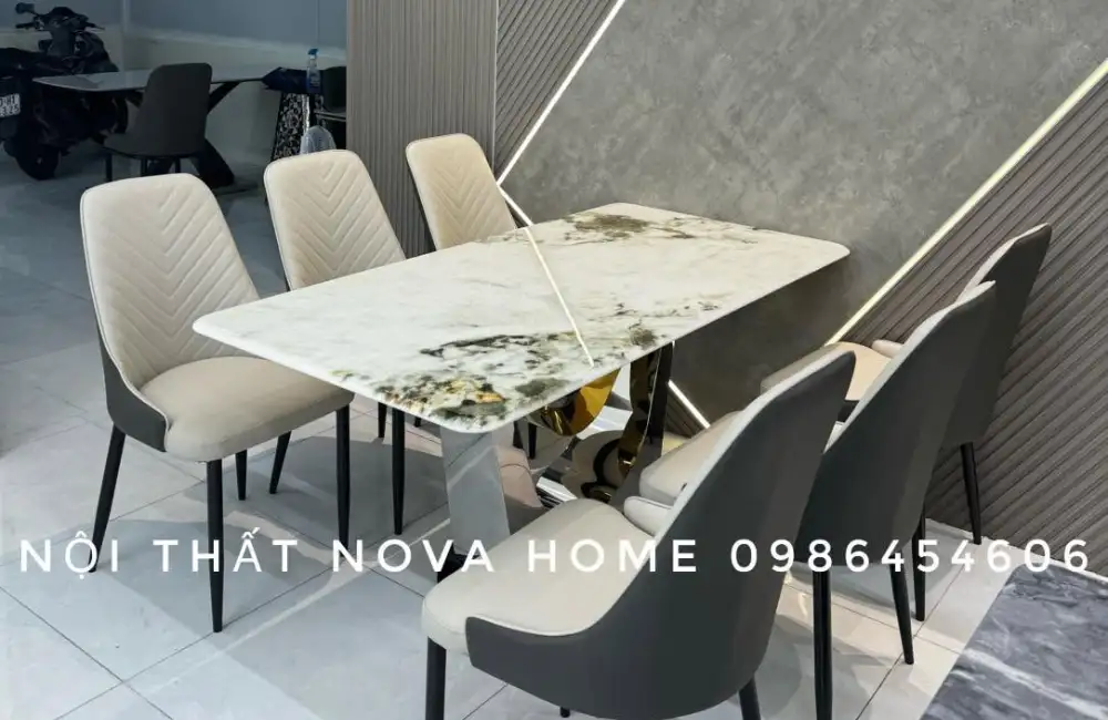 ComBo Bàn Đá Vi Tinh Thể 160cm Và 6 Ghế Họa Tiết Xương Cá 7 ComBo Bàn Đá Vi Tinh Thể 160cm Và 6 Ghế Họa Tiết Xương Cá