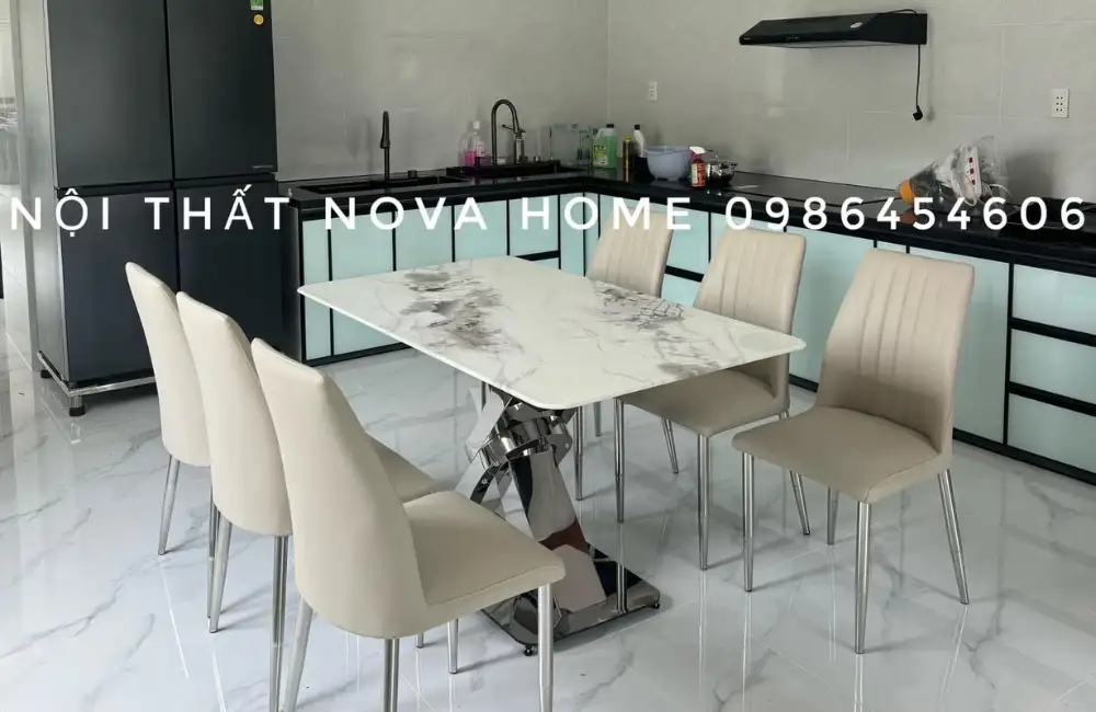 ComBo Bàn Đá Vi Tinh Thể Và 6 Ghế Nova Line 6 ComBo Bàn Đá Vi Tinh Thể Và 6 Ghế Nova Line