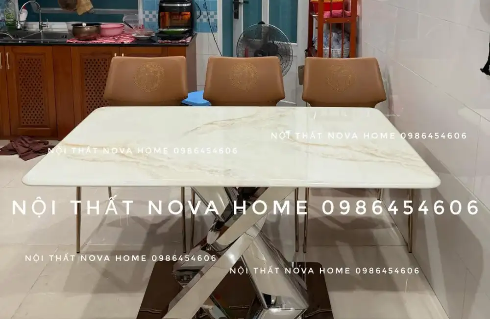 BAMD01 – Bàn Ăn Mặt Đá Tự Nhiên Trụ Inox