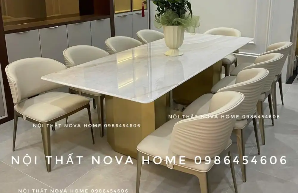 ComBo Bàn Đá Vi Tinh Thể 160cm Và 6 Ghế Royal Liền Khối
