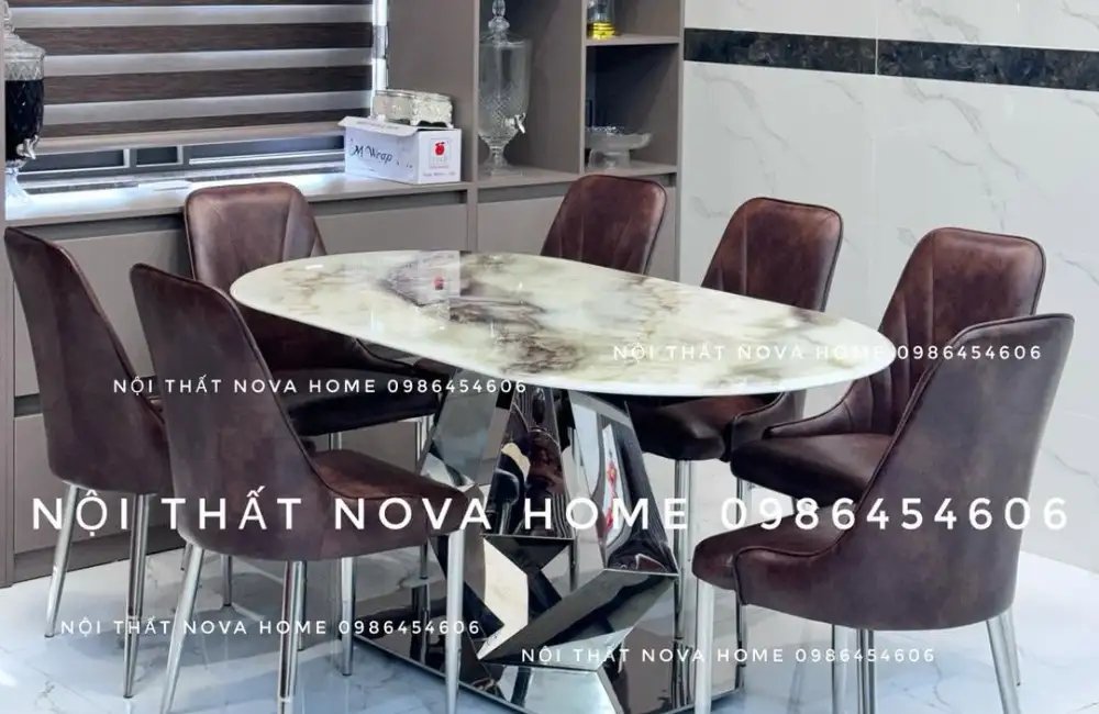 BAOV01 – Bàn Ăn Mặt Đá Oval Tự Nhiên Hiện Đại